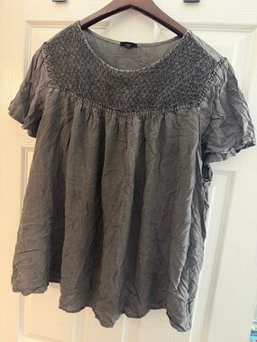 torrid Gray Smocked Yoke Short Sleeve Blouse